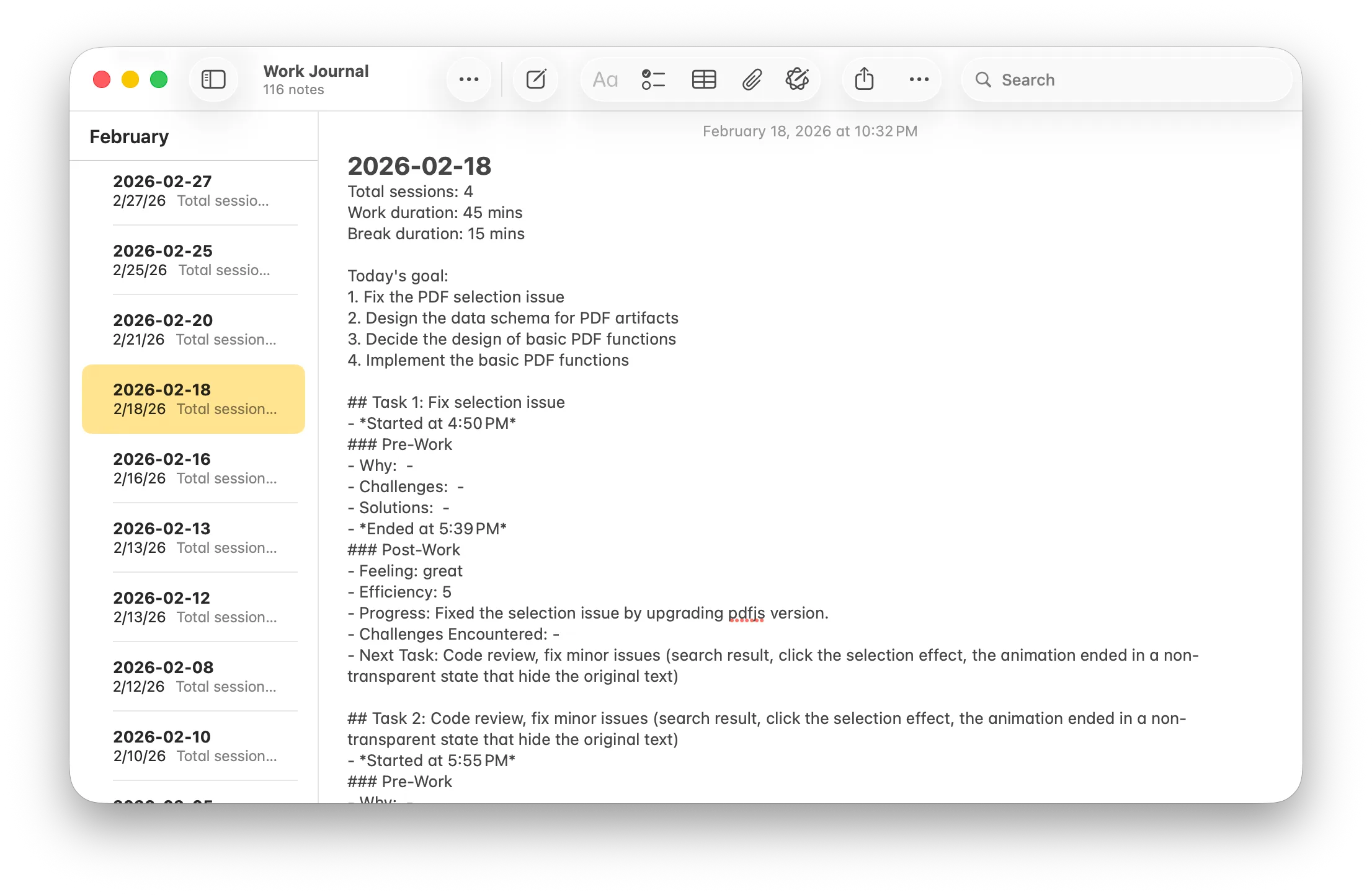 Work journal output in Apple Notes